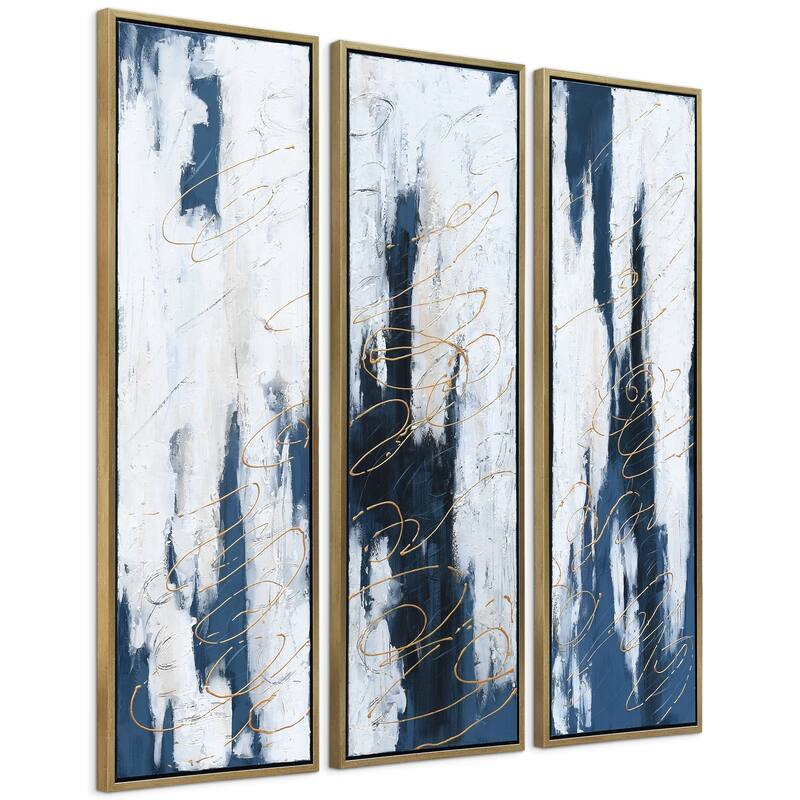 Blue Abstract Triptych Set Textured Metallic Hand Painted Wall Art