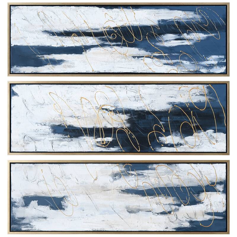 Blue Abstract Triptych Set Textured Metallic Hand Painted Wall Art