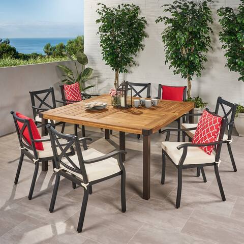 Esfera Outdoor 8 Seater Acacia Wood and Cast Aluminum Dining Set with Cushions by Christopher Knight Home