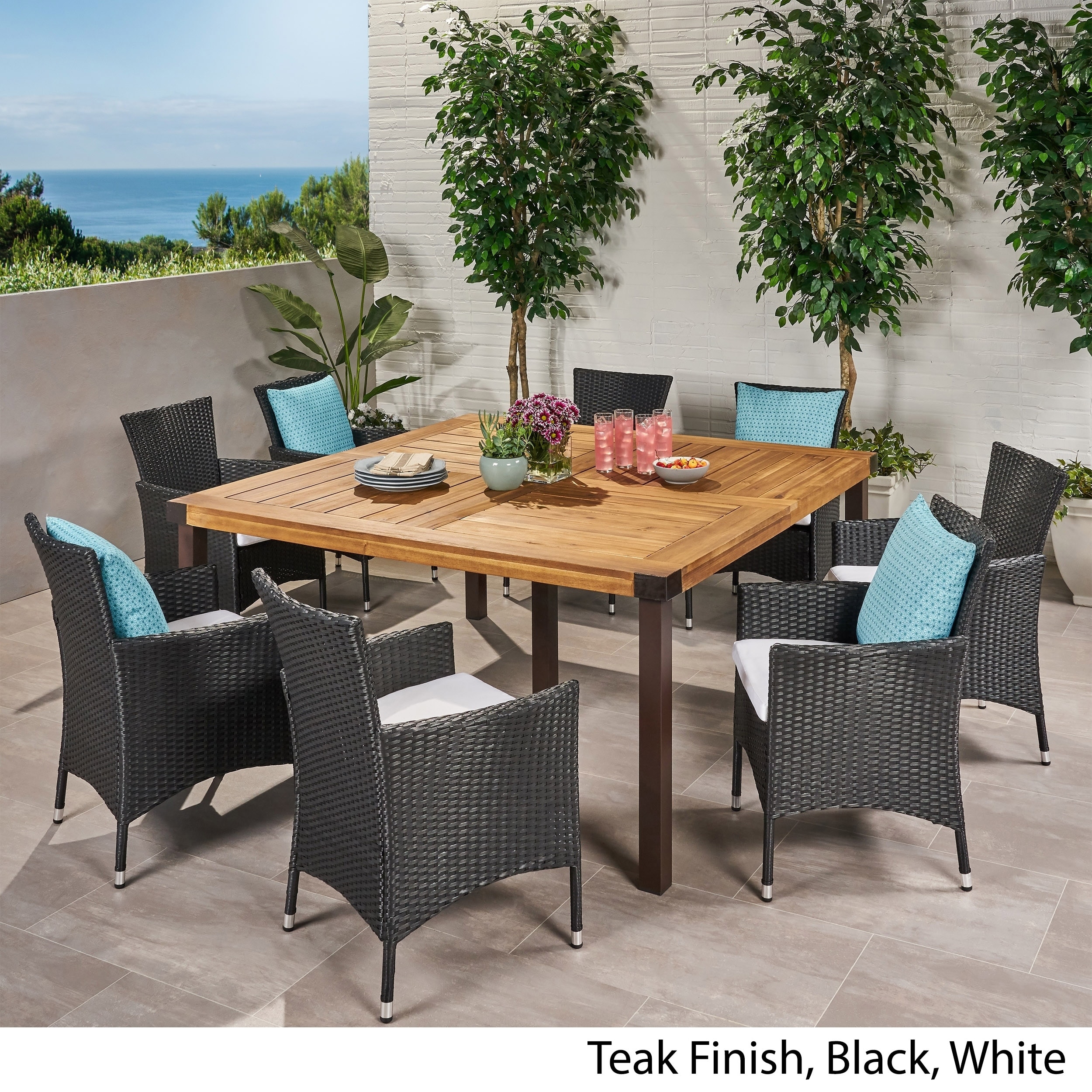 Marca Outdoor 8 Seater Acacia Wood And Wicker Dining Set With Acacia Wood And Wicker Dining Set