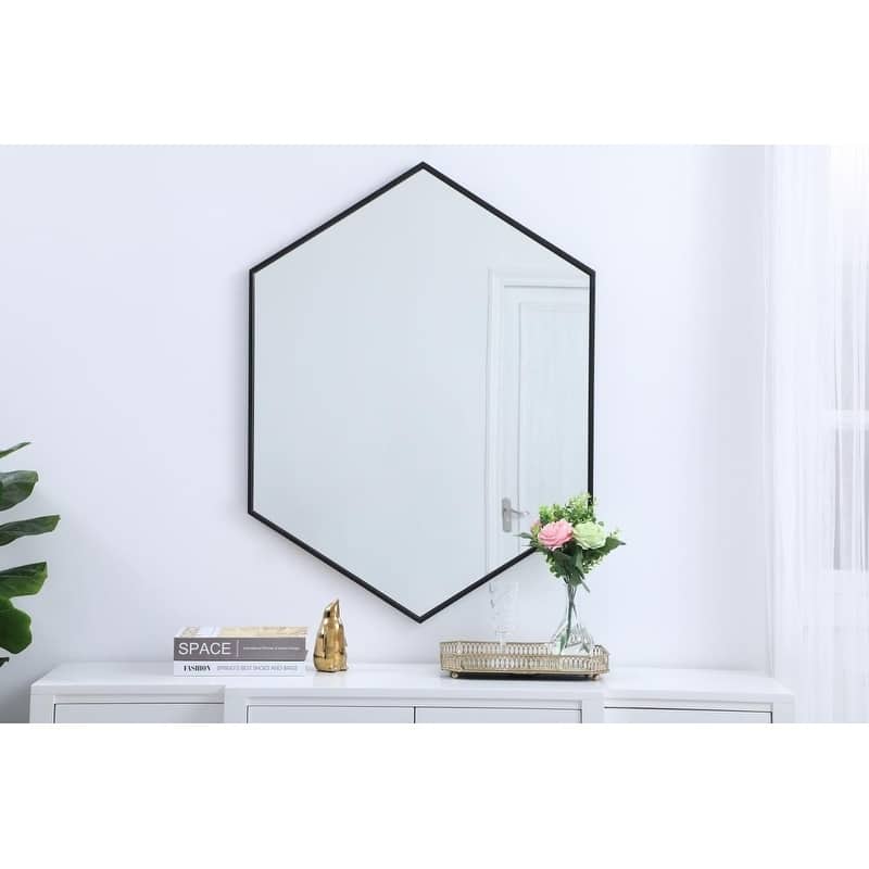 Carson Carrington Salsendi Metal Frame Hexagon Mirror - 30"W X 40"H - Black