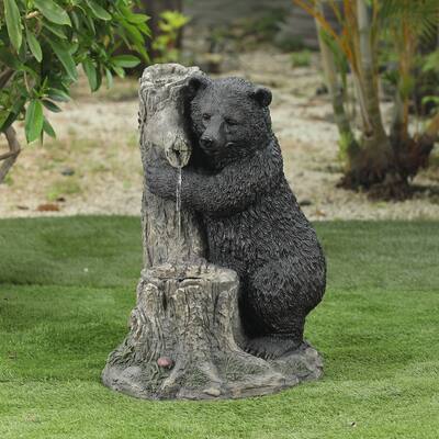Cement Bear and Tree Outdoor Patio Fountain