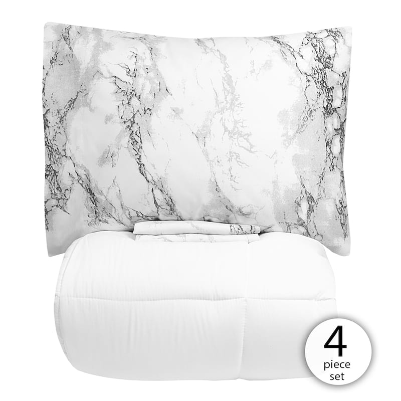 Porch & Den Moro Luxury 5-piece Bed-in-a-Bag Comforter and Marble Print Sheet Set - Twin - White