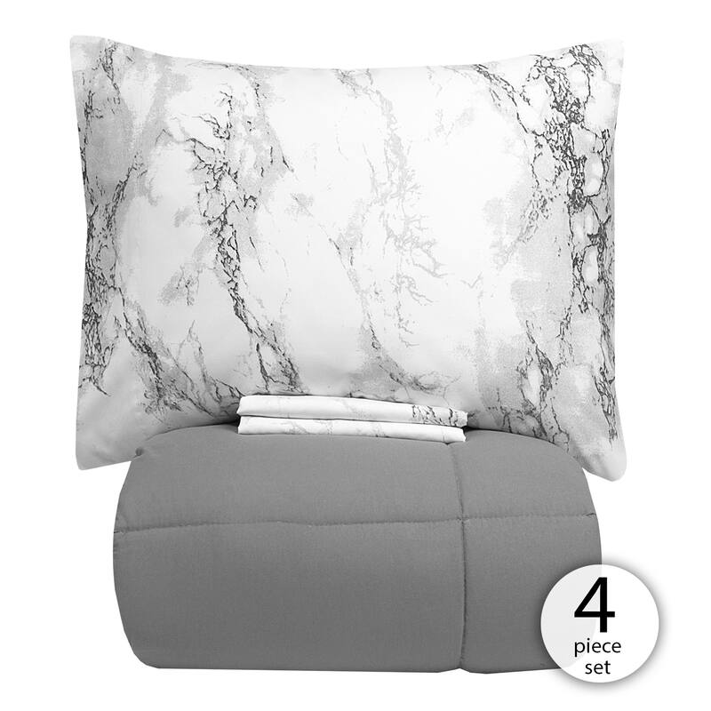 Porch & Den Moro Luxury 5-piece Bed-in-a-Bag Comforter and Marble Print Sheet Set - Twin - Grey