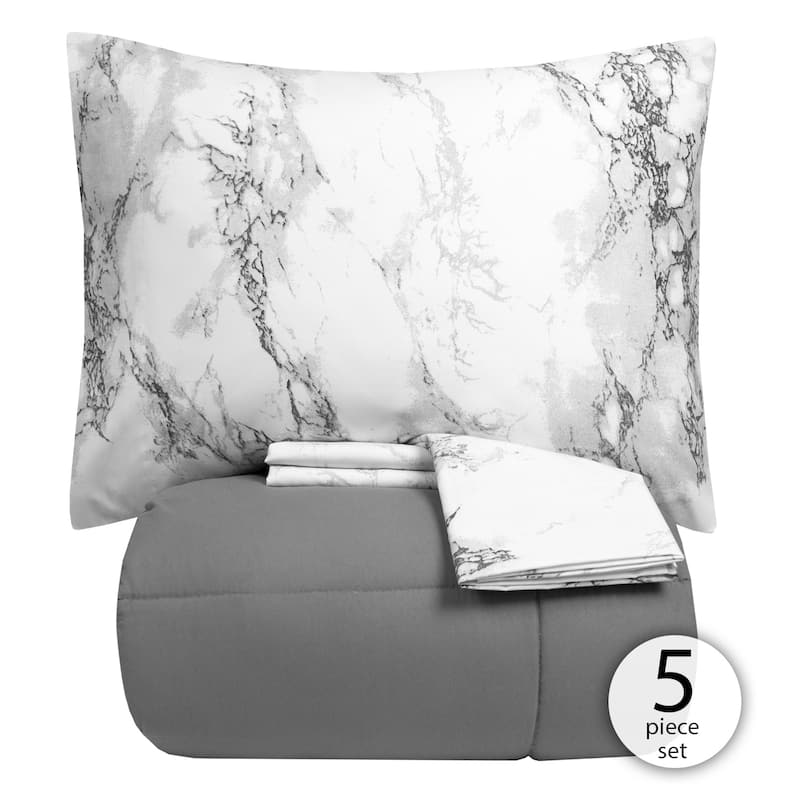 Porch & Den Moro Luxury 5-piece Bed-in-a-Bag Comforter and Marble Print Sheet Set - King - Grey