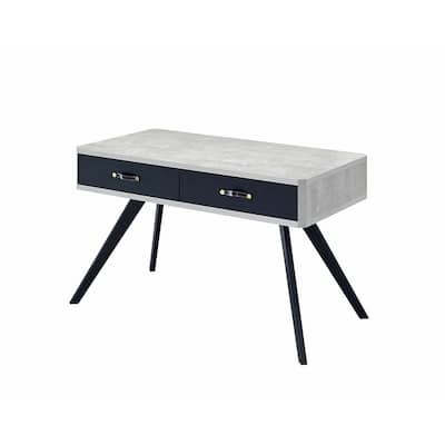 Faux Concrete Desk with Two Drawers and Flared Legs, Black and Gray