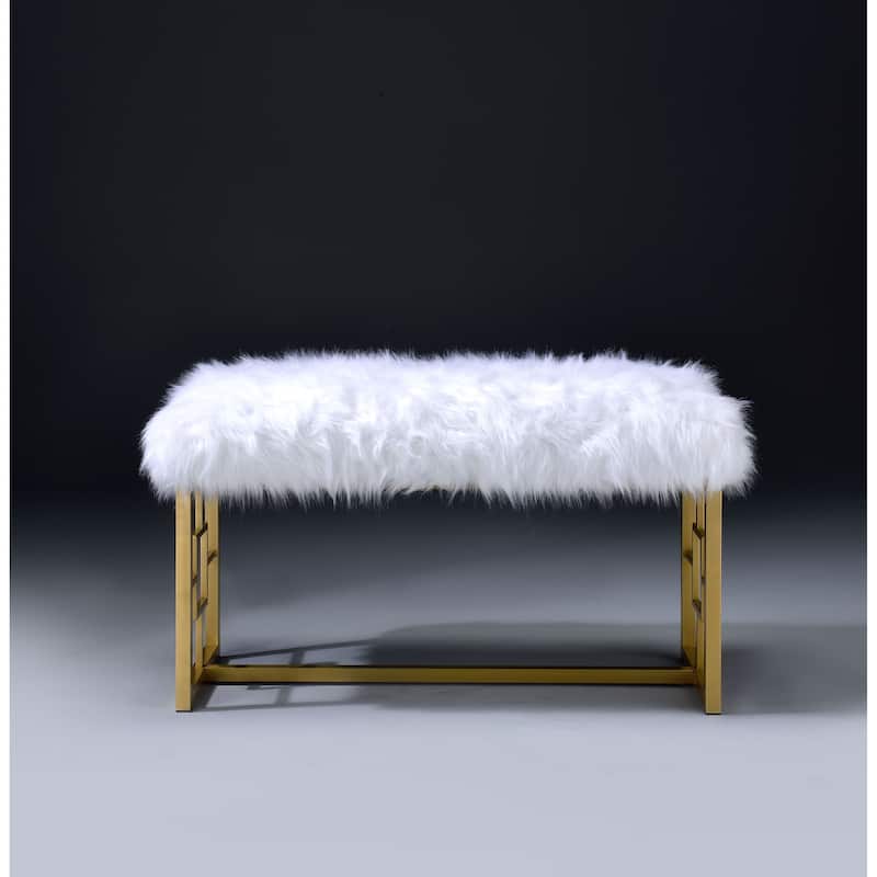 Modern Style Faux Upholstered Bench with Geometrical Side Panels, White and Gold
