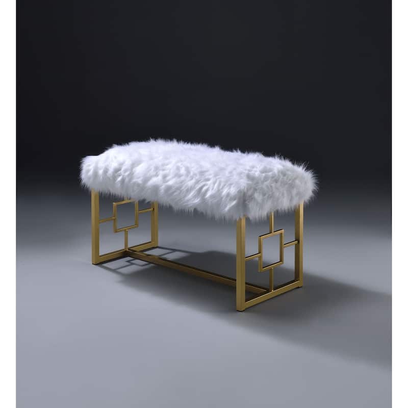 Modern Style Faux Upholstered Bench with Geometrical Side Panels, White and Gold