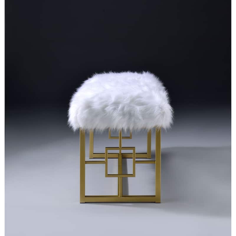 Modern Style Faux Upholstered Bench with Geometrical Side Panels, White and Gold