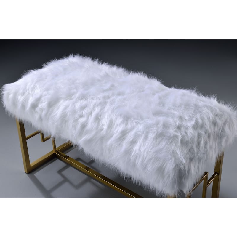 Modern Style Faux Upholstered Bench with Geometrical Side Panels, White and Gold