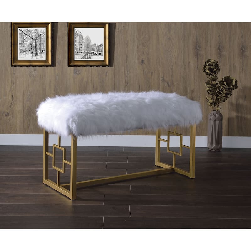 Modern Style Faux Upholstered Bench with Geometrical Side Panels, White and Gold