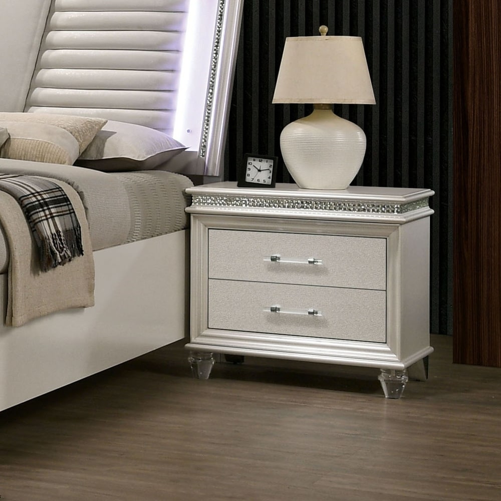 Silver Orchid Butler Glam Pearl White Solid Wood 2-Drawer Nightstand