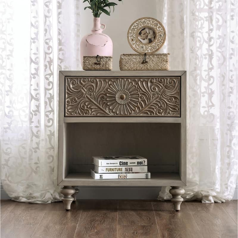 Cadogen Farmhouse Antique White Wood 1-Drawer Nightstand with USB by The Curated Nomad