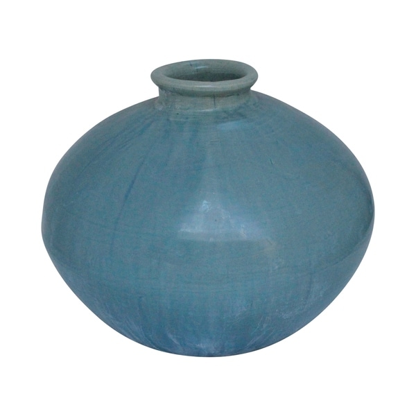 Lily's Living Green Vintage Style Flat Round Vase, 12 Inch Tall