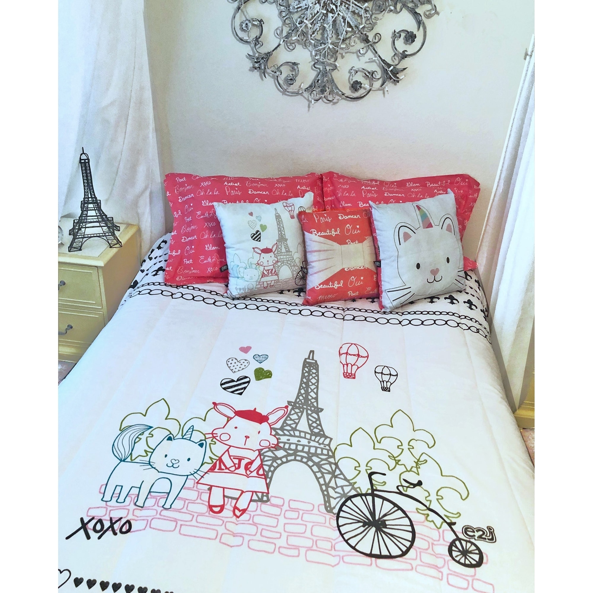 Bon Jour Paris Reversible Comforter 86 Inch By 68 Inch Set With Matching Shams In Pink White Black Overstock 28979383