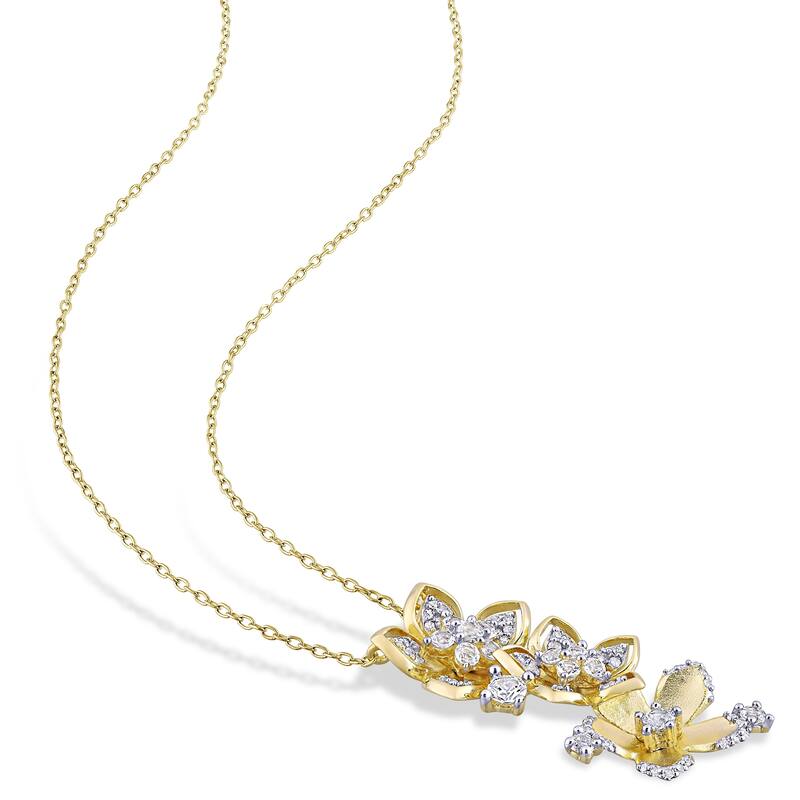 Miadora Yellow Plated Sterling Silver White Sapphire and 1/5ct TDW Diamond Triple Flower Dangle Necklace