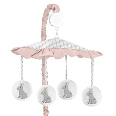 Sweet Jojo Designs Blush Pink and Grey Woodland Boho Gray Bunny Floral Collection Girl Musical Crib Mobile