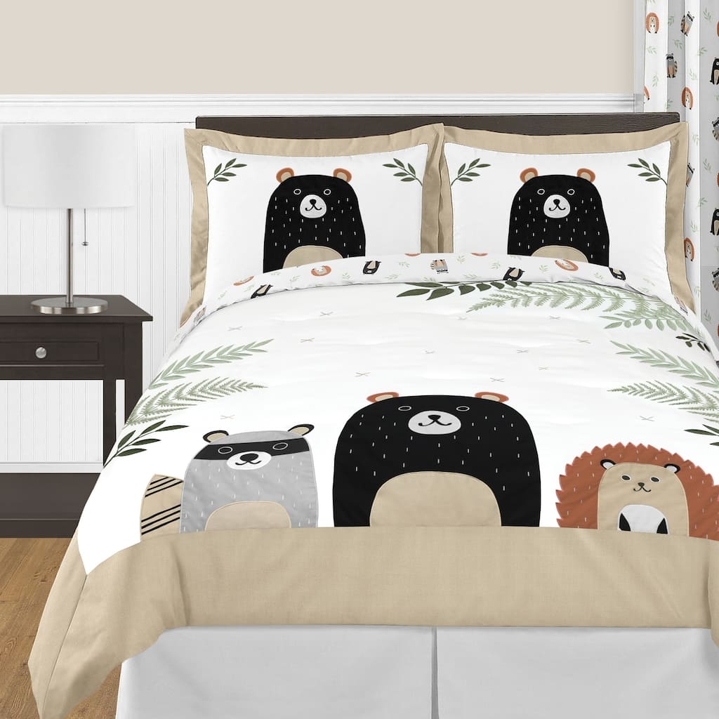 Sweet Jojo Designs Bear Raccoon Forest Animal Woodland Pals Collection 3-pc Full Queen Comforter Set - Beige Green Black Grey