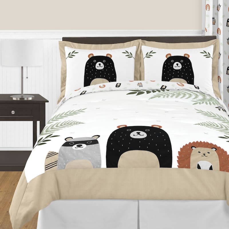 Sweet Jojo Designs Bear Raccoon Forest Animal Woodland Pals Collection 3-pc Full Queen Comforter Set - Beige Green Black Grey