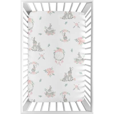 Sweet Jojo Designs Blush Pink Grey Woodland Boho Dream Catcher Bunny Floral Fitted Mini Portable Crib Sheet - Watercolor Rose