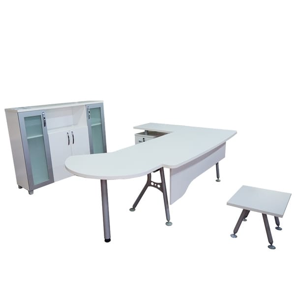 Modern Clover 6 Piece L Shaped Desk Office Suite Furniture Set 63" White & Metalic Grey