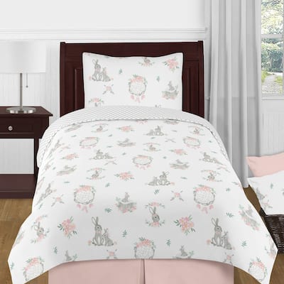 Sweet Jojo Designs Blush Pink Grey Woodland Boho Dream Catcher Arrow Bunny Floral Girl 4-pc Twin Comforter Set - Watercolor Rose