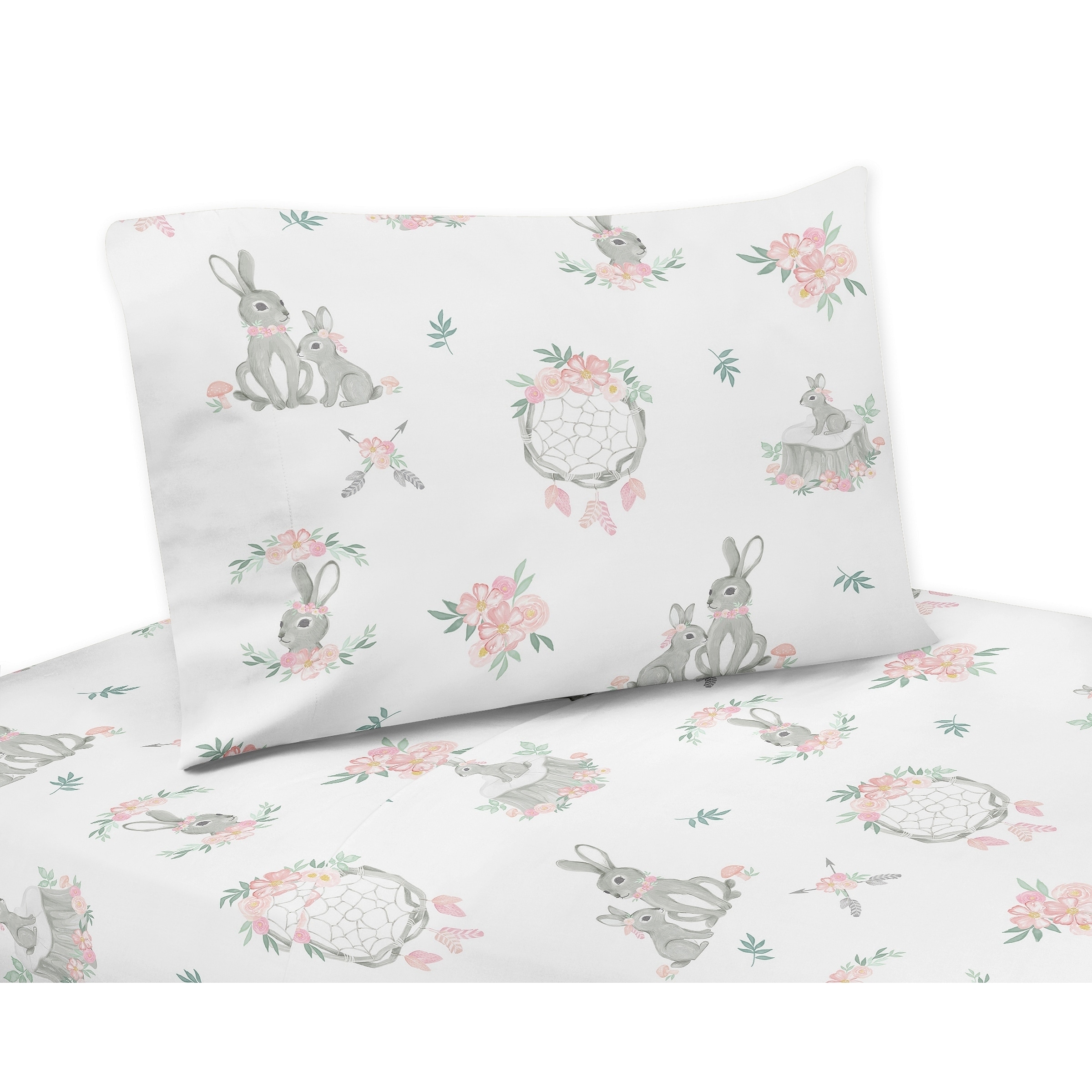 Tan Mint Green and White Boho Watercolor Woodland Deer Floral Girl Twin Kid Childrens Bedding Comforter Set-4 Pieces Sweet Jojo Designs Blush Pink