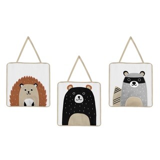 Sweet Jojo Designs Bear Raccoon Hedgehog Forest Animal Woodland Pals Collection Wall Hangings (Set of 3) - Beige Black Grey