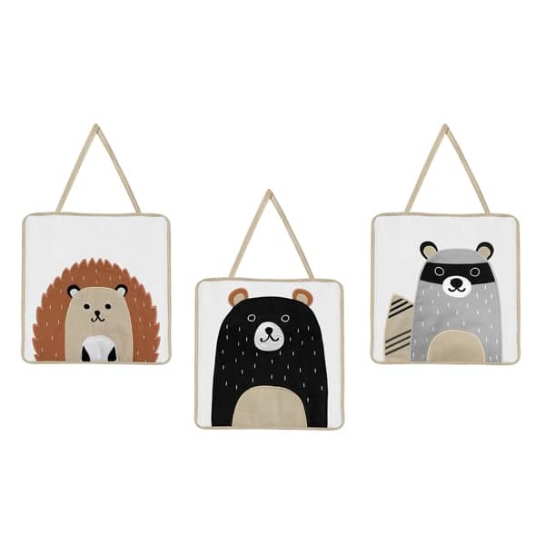 slide 1 of 1, Sweet Jojo Designs Bear Raccoon Hedgehog Forest Animal Woodland Pals Collection Wall Hangings (Set of 3) - Beige Black Grey