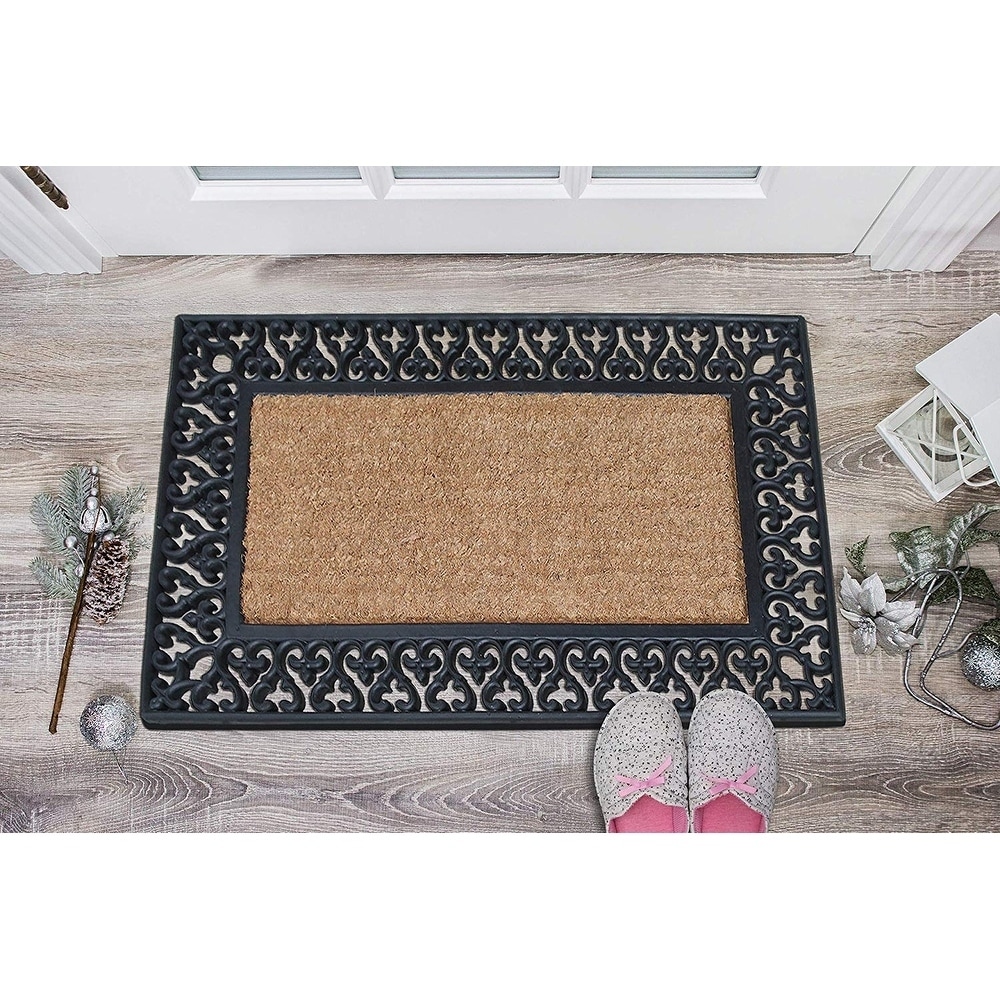 A1hc Rubber Dirt Trapper Heavy Weight Doormat 18 inchx 30 inch, Black Floral Border Plain Coir, Size: 18 inch x 30 inch