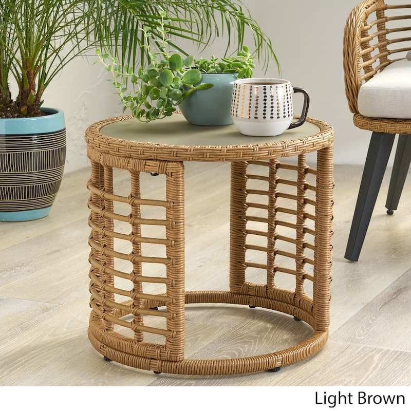 Bautista Indoor Modern Boho Wicker Side Table with Tempered Glass Top by Christopher Knight Home