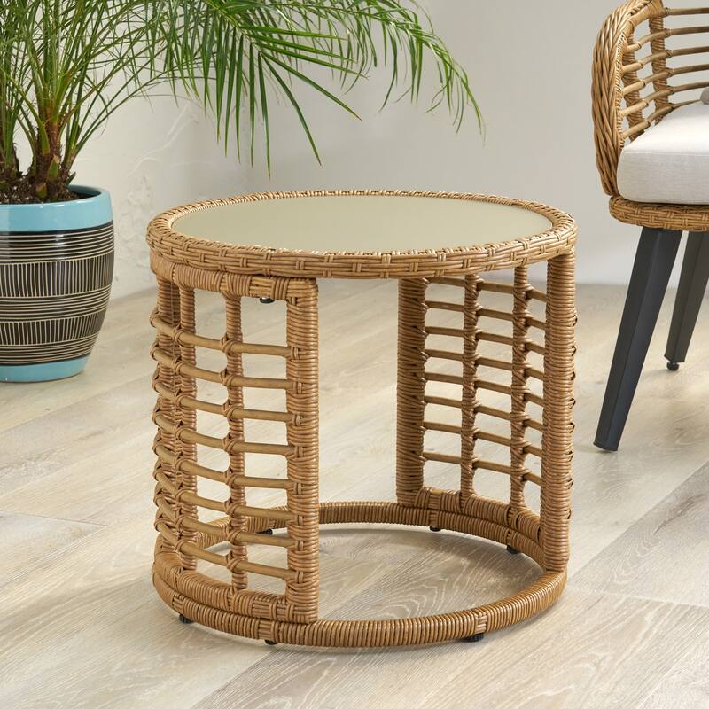 Bautista Indoor Modern Boho Wicker Side Table with Tempered Glass Top by Christopher Knight Home