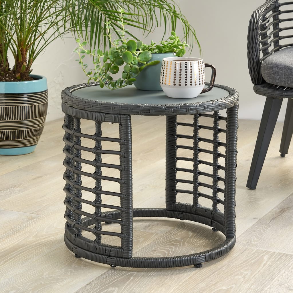 Bautista Indoor Modern Boho Wicker Side Table with Tempered Glass Top by Christopher Knight Home