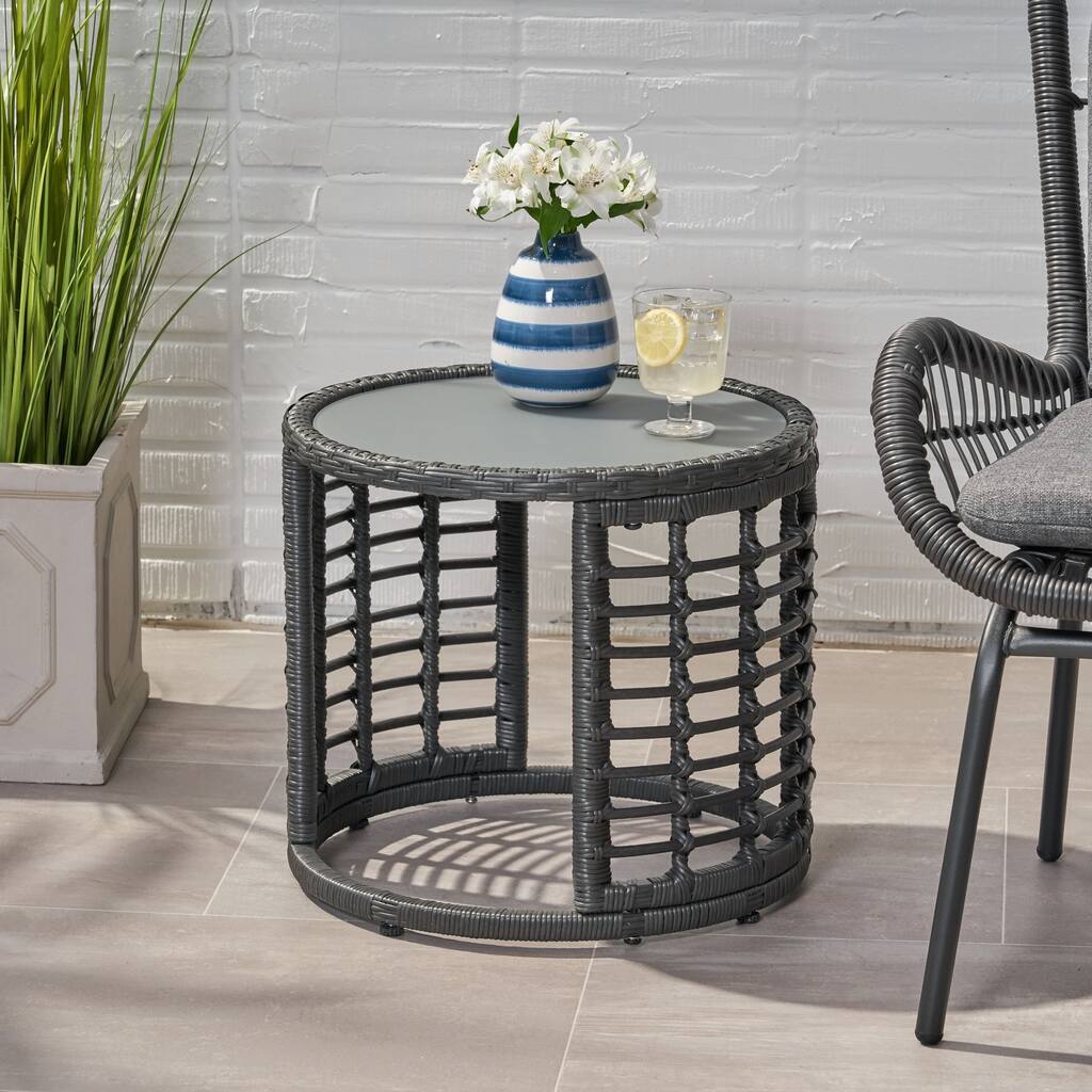 Tatiana Outdoor Modern Boho Wicker Side Table with Tempered Glass Top by Christopher Knight Home