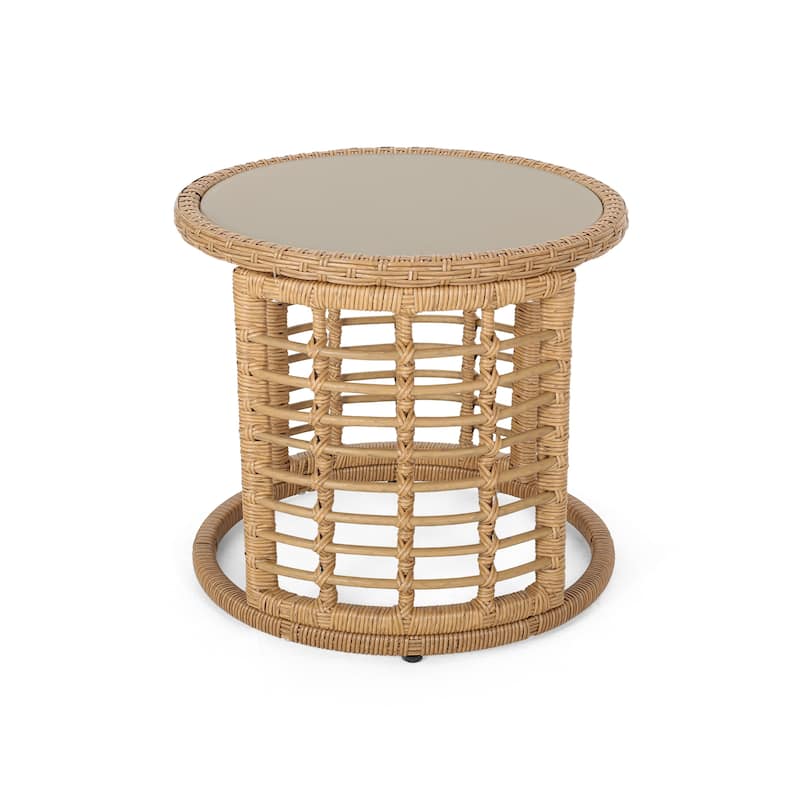 Tatiana Outdoor Modern Boho Wicker Side Table with Tempered Glass Top by Christopher Knight Home