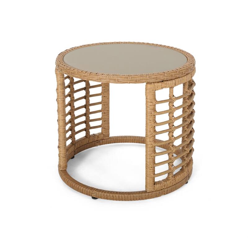 Tatiana Outdoor Modern Boho Wicker Side Table with Tempered Glass Top by Christopher Knight Home - Light Brown