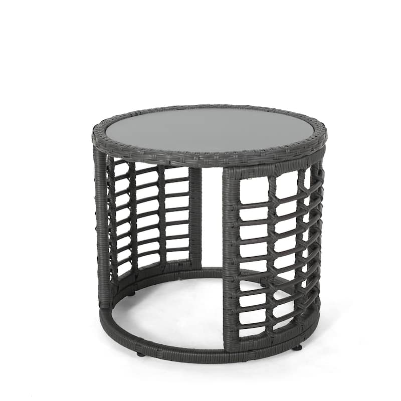 Tatiana Outdoor Modern Boho Wicker Side Table with Tempered Glass Top by Christopher Knight Home - Gray