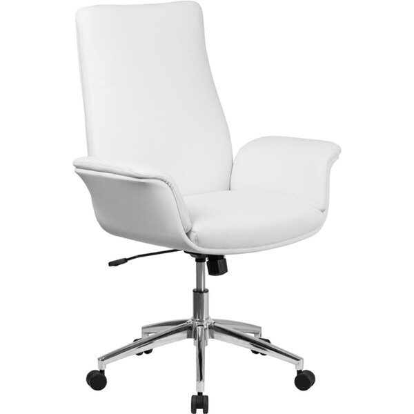 Offex Mid Back White Leather Executive Swivel Office Chair with Flared Arms