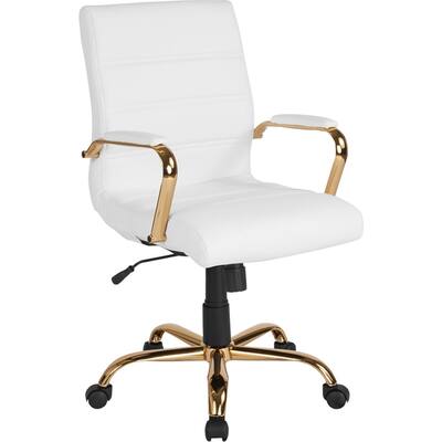 Offex Mid Back White Leather Executive Swivel Office Chair with Gold Frame and Arms - N/A