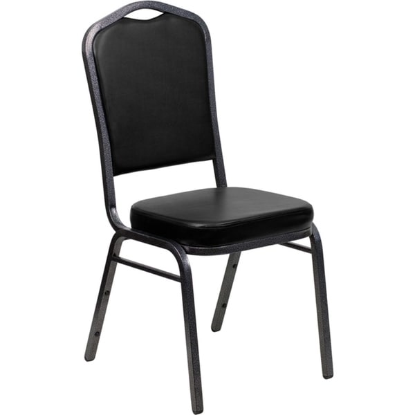 Offex Crown Back Stacking Banquet Chair with Black Vinyl and 2.5'' Thick Seat - Silver Vein Frame