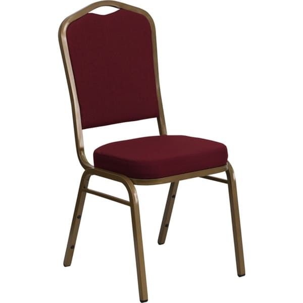 Offex Crown Back Stacking Banquet Chair with Burgundy Fabric and 2.5'' Thick Seat - Gold Frame