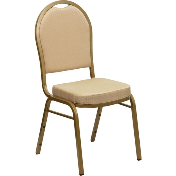 Offex Dome Back Stacking Banquet Chair with Beige Patterned Fabric and 2.5'' Thick Seat - Gold Frame
