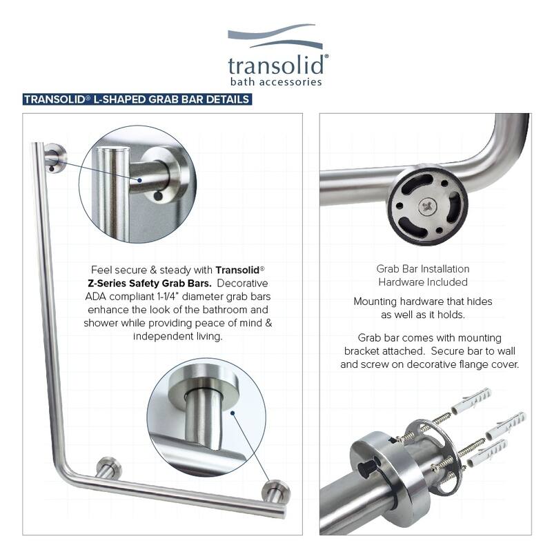 Transolid Z-Series Right Side L shape Grab Bar - Brushed Stainless