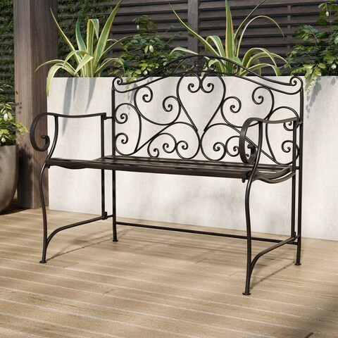 Laudery Antique Black Folding Garden Bench with Scrollwork Design by Havenside Home