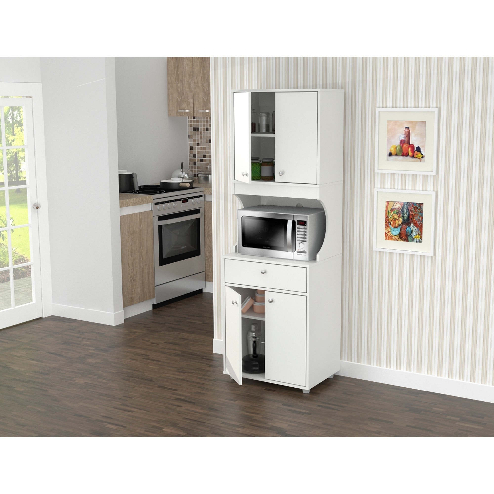 Inval Galley White 4 Door Pantry With Microwave Storage Inval Galley White 4 Door Pantry With Microwave Storage