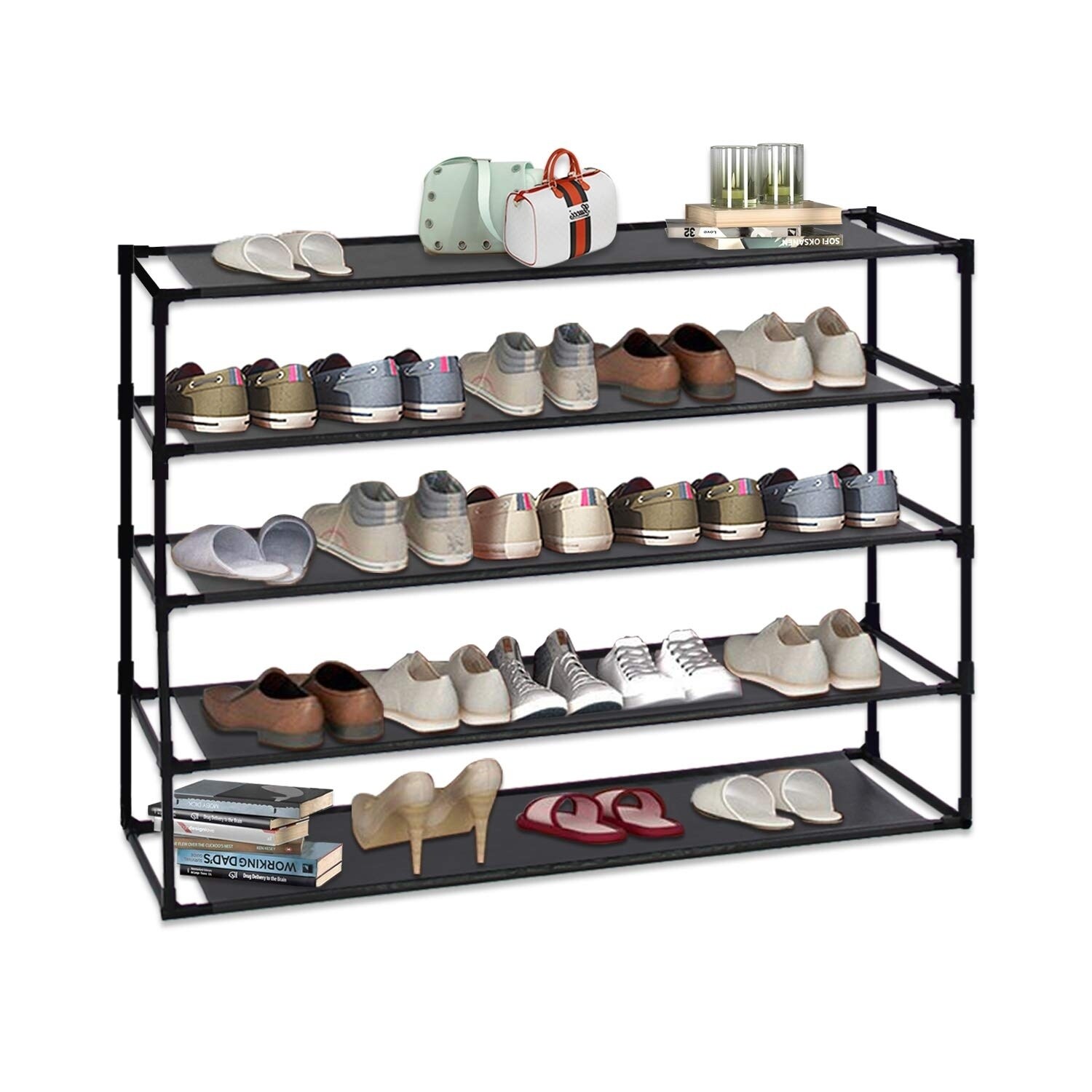 Shop 5 Tier Shoe Rack Detachable Non Woven Waterproof Fabric Shoe Organizer Tower Black Overstock 28992222