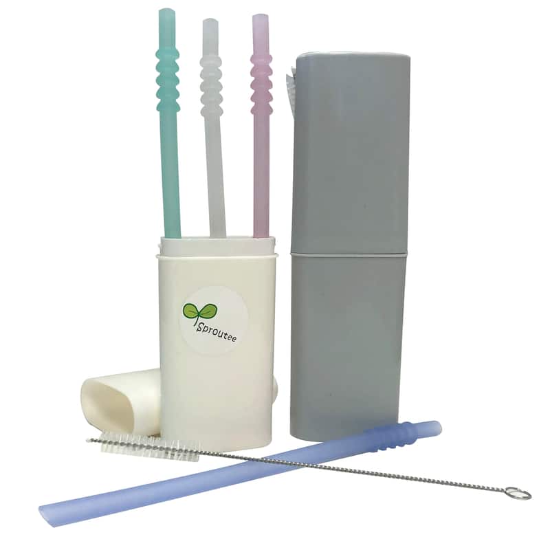 Silicone Straws(4) With Bonus Container and Brush - White