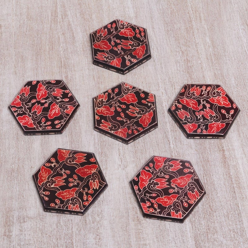 NOVICA Artisan Handblown Wooden Batik Coasters From Indonesia Black Red Floral Barware 'Kembang Memory' (Set of 6)
