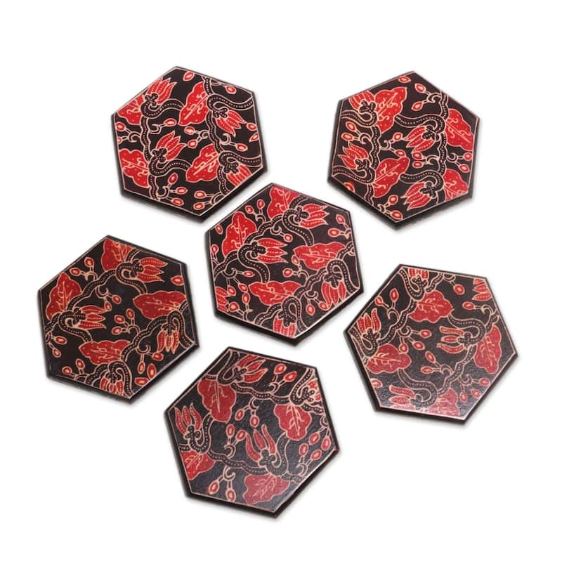 NOVICA Artisan Handblown Wooden Batik Coasters From Indonesia Black Red Floral Barware 'Kembang Memory' (Set of 6) - black