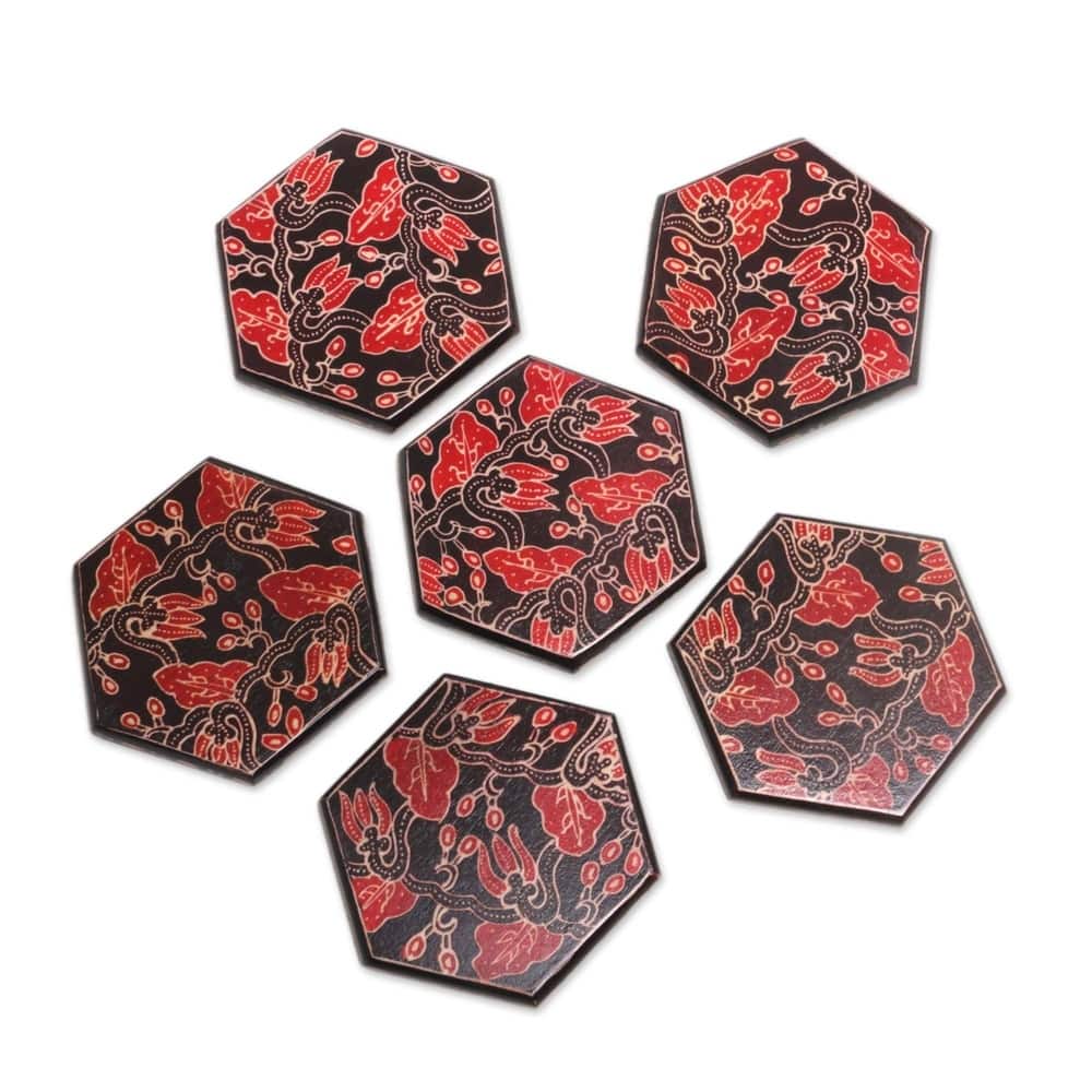 NOVICA Artisan Handblown Wooden Batik Coasters From Indonesia Black Red Floral Barware 'Kembang Memory' (Set of 6)